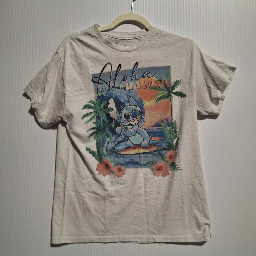 Stitch Disney Graphic Aloha Hawaii Surfing Size M White Tshirt 100% Cotton